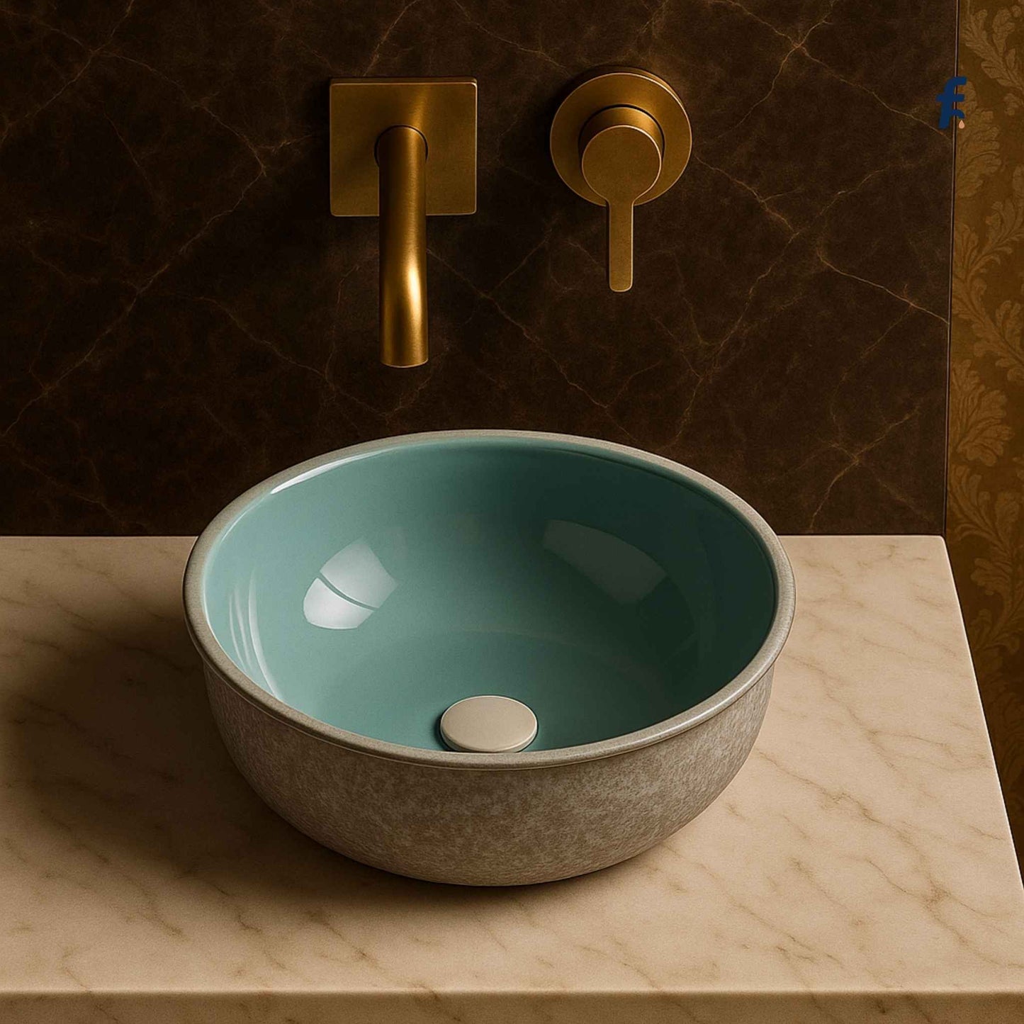 Teal sink with gold faucet and handles on a marble countertop against a brown tiled wall.