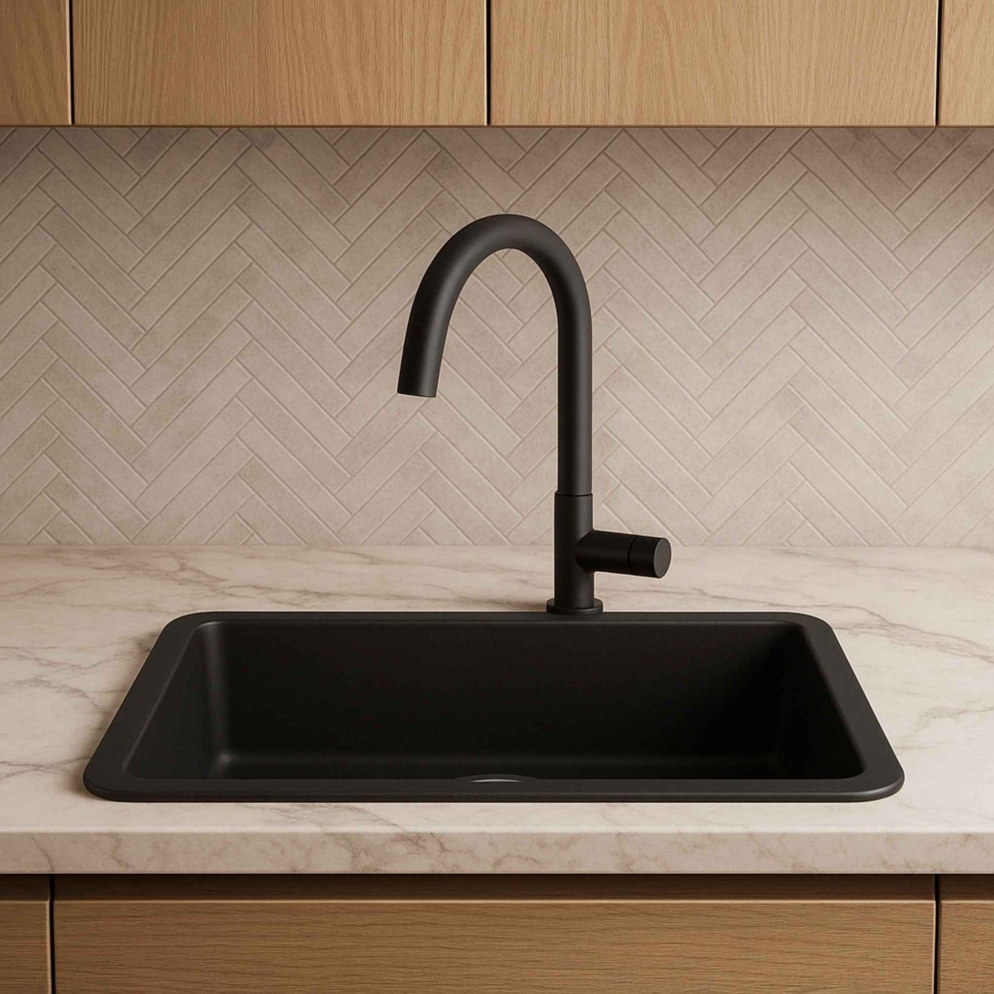 Front view of black granite kitchen sink with marble top