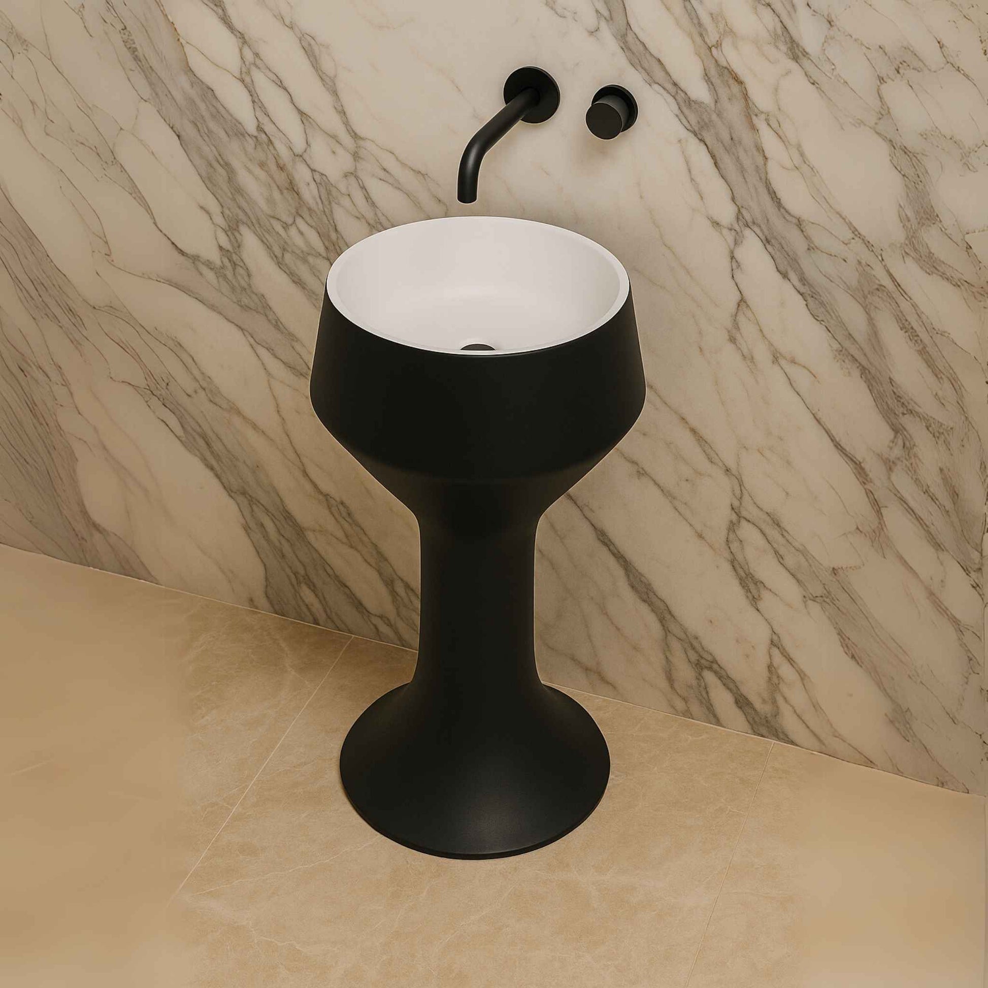 Top-down view of sculptural black pedestal washbasin