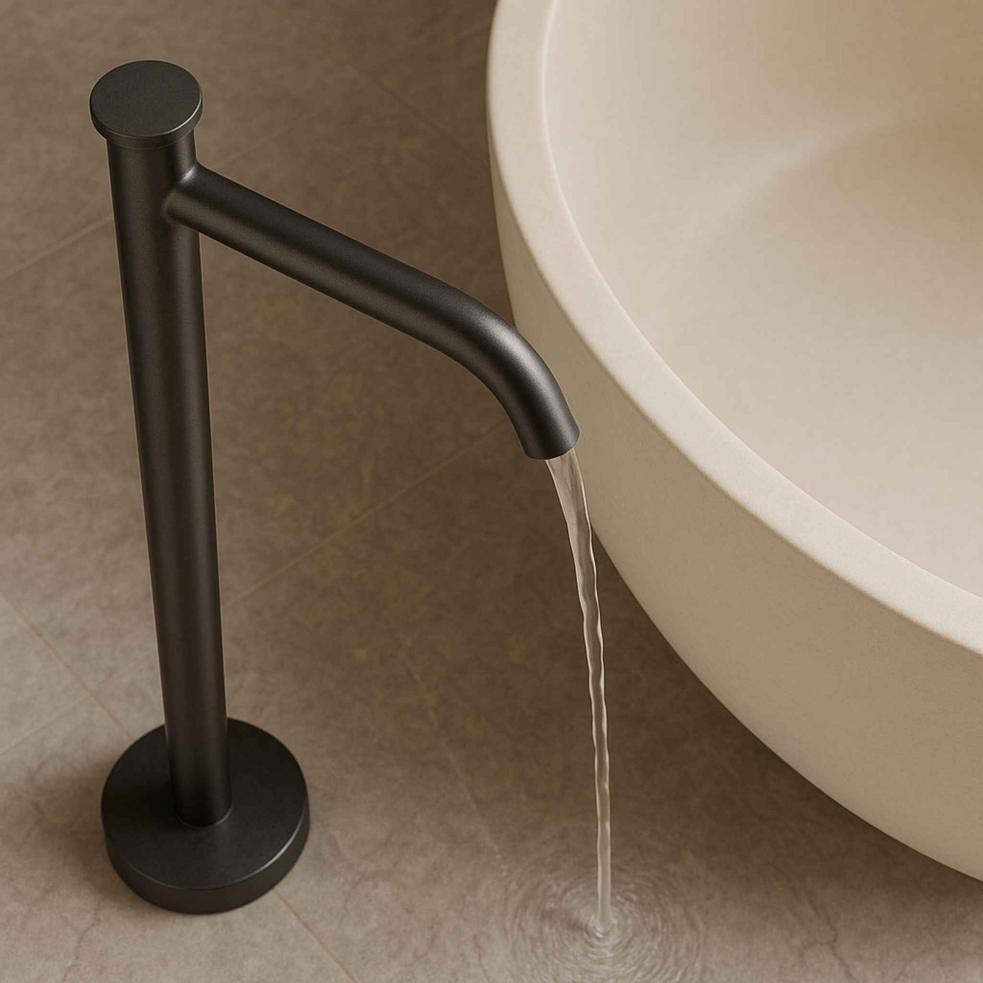 Top angle of floor standing gun metal basin mixer showcasing design and finish