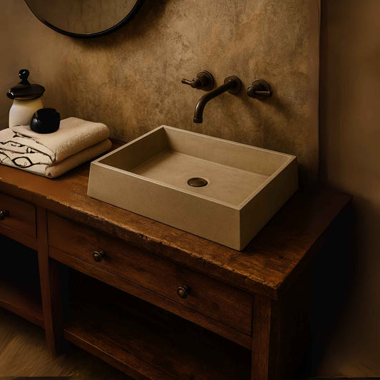 Top view of minimalist luxury concrete sink on vanity counter