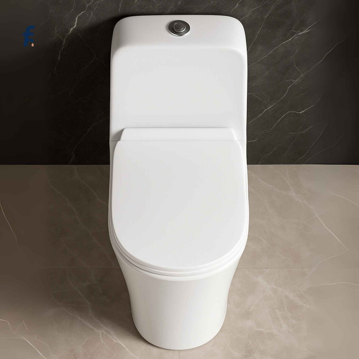 Top angle of SM00W-1012 rimless western toilet showing 6D flush design and curved seat