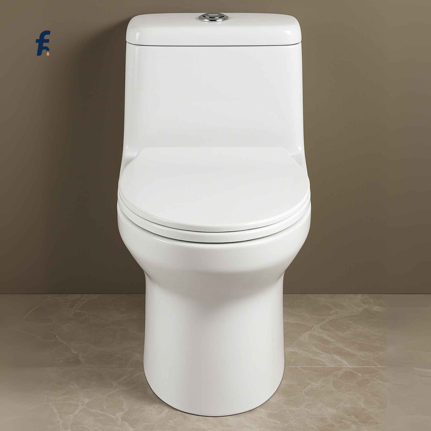 Top angle view of box rim one-piece toilet showing seat alignment and compact build