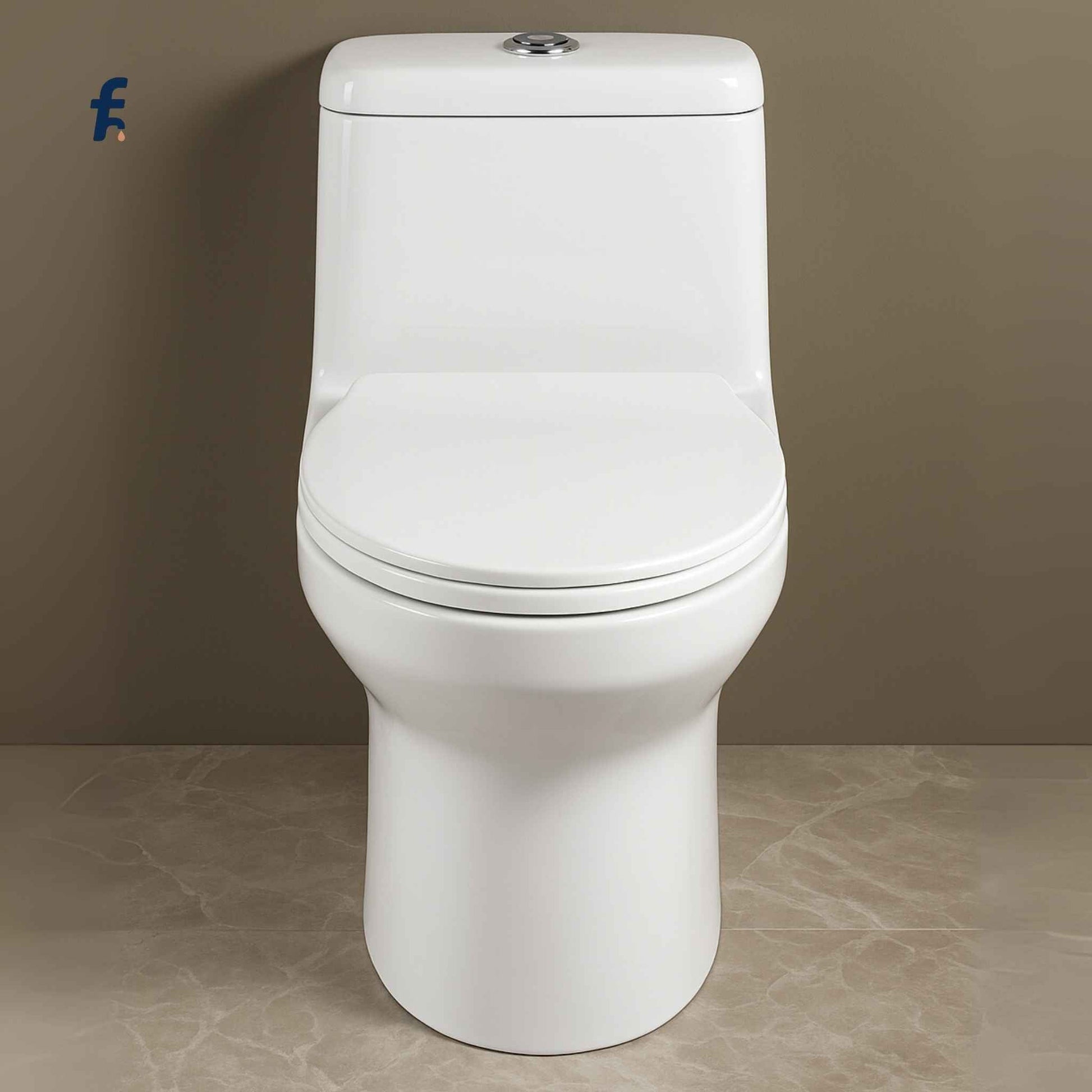 Top angle view of box rim one-piece toilet showing seat alignment and compact build