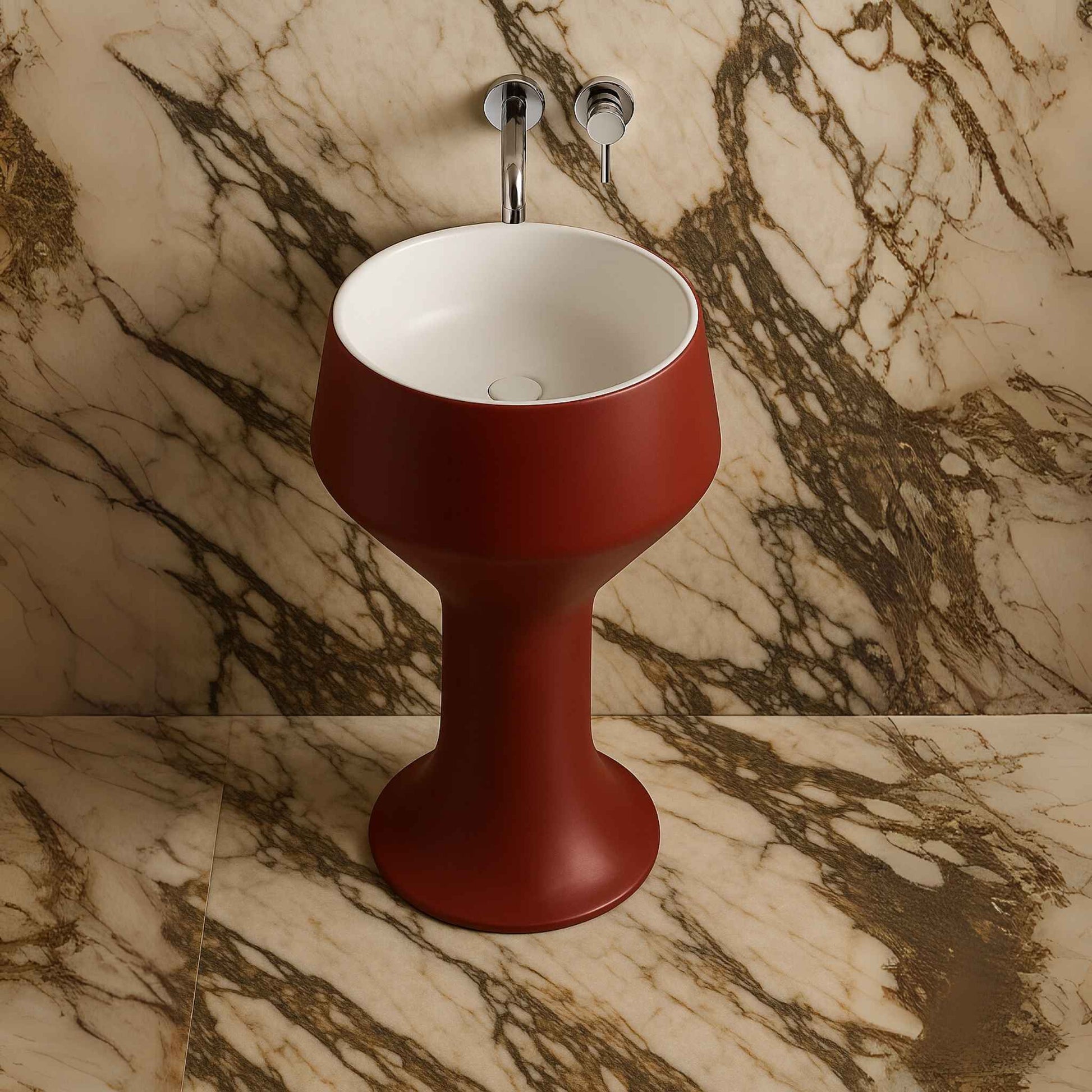 Top-down view of round white basin with red exterior in sculptural hourglass form
