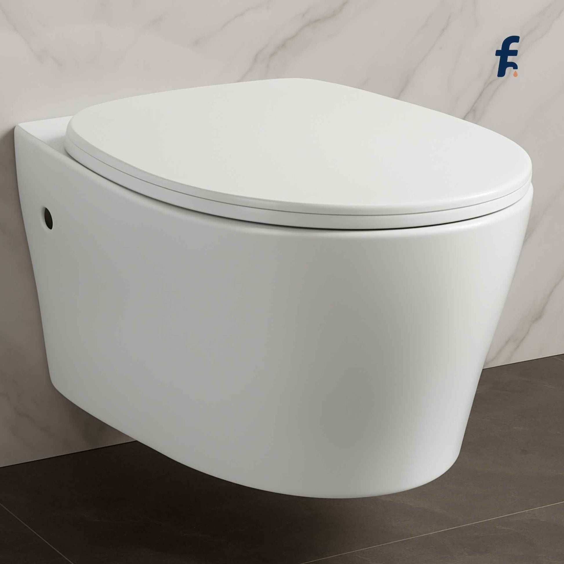 Wall-mounted white toilet against a gray tiled wall Top angle view of white ceramic rimfree toilet in luxury bathroom