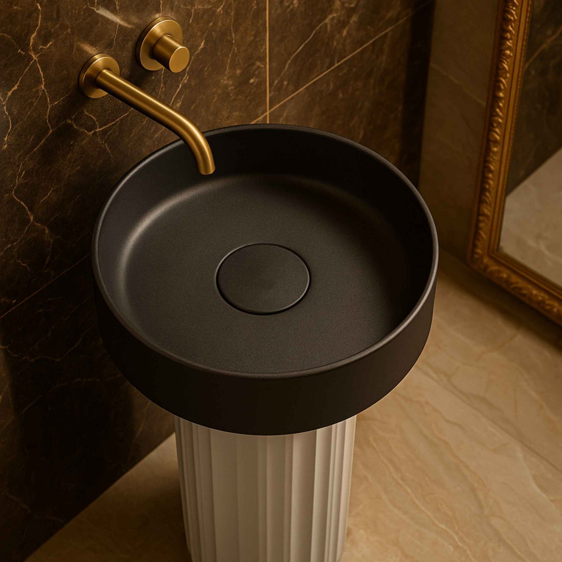 Top angle view of matte black round basin on white fluted pedestal with brushed gold wall-mounted faucet in a luxury bathroom.