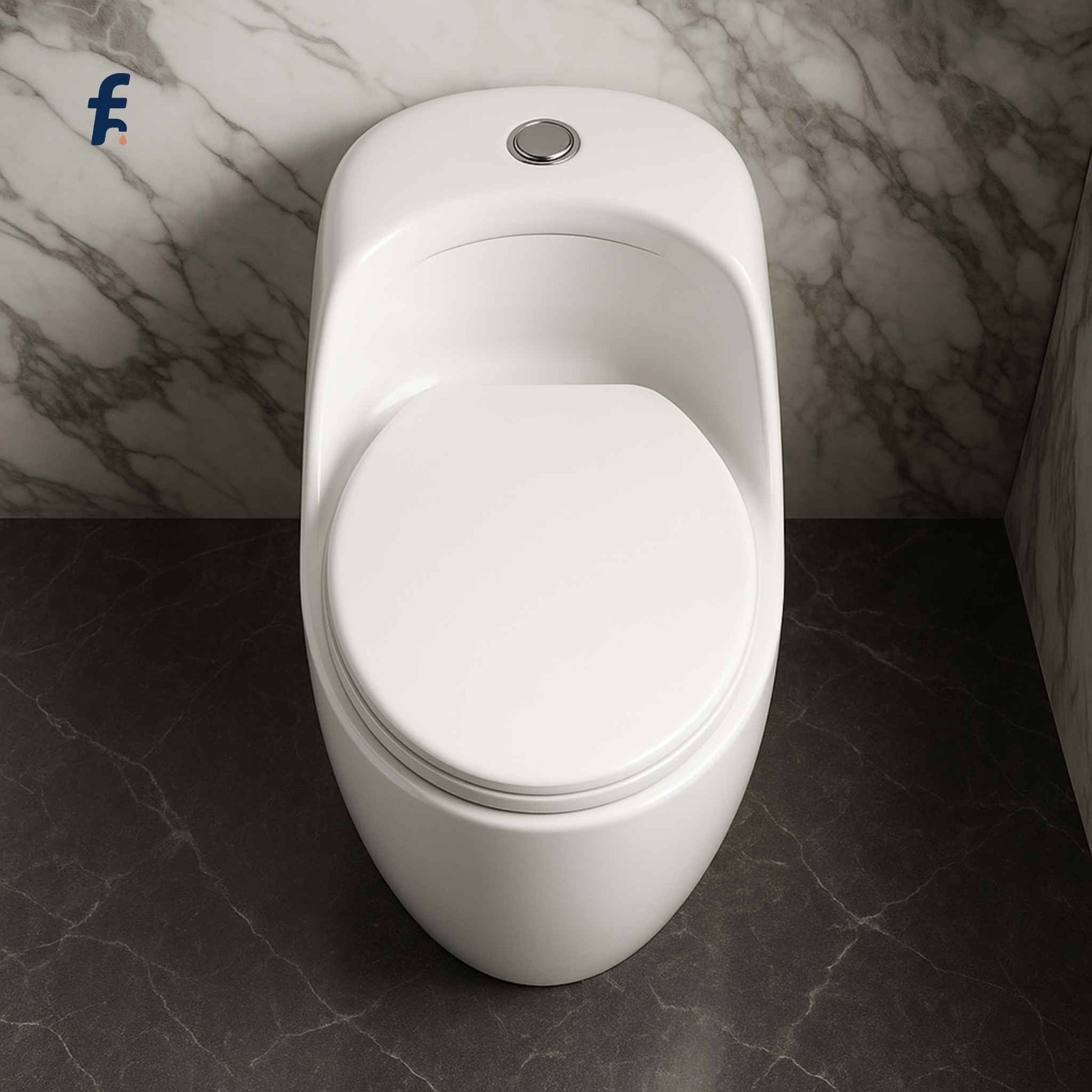 Top angle view of white glossy integrated one-piece toilet with sleek design.
top view toilet, white one-piece WC, modern integrated toilet, luxury toilet top view, siphonic toilet design, compact WC, elegant ceramic toilet, toilet for luxury bathroom