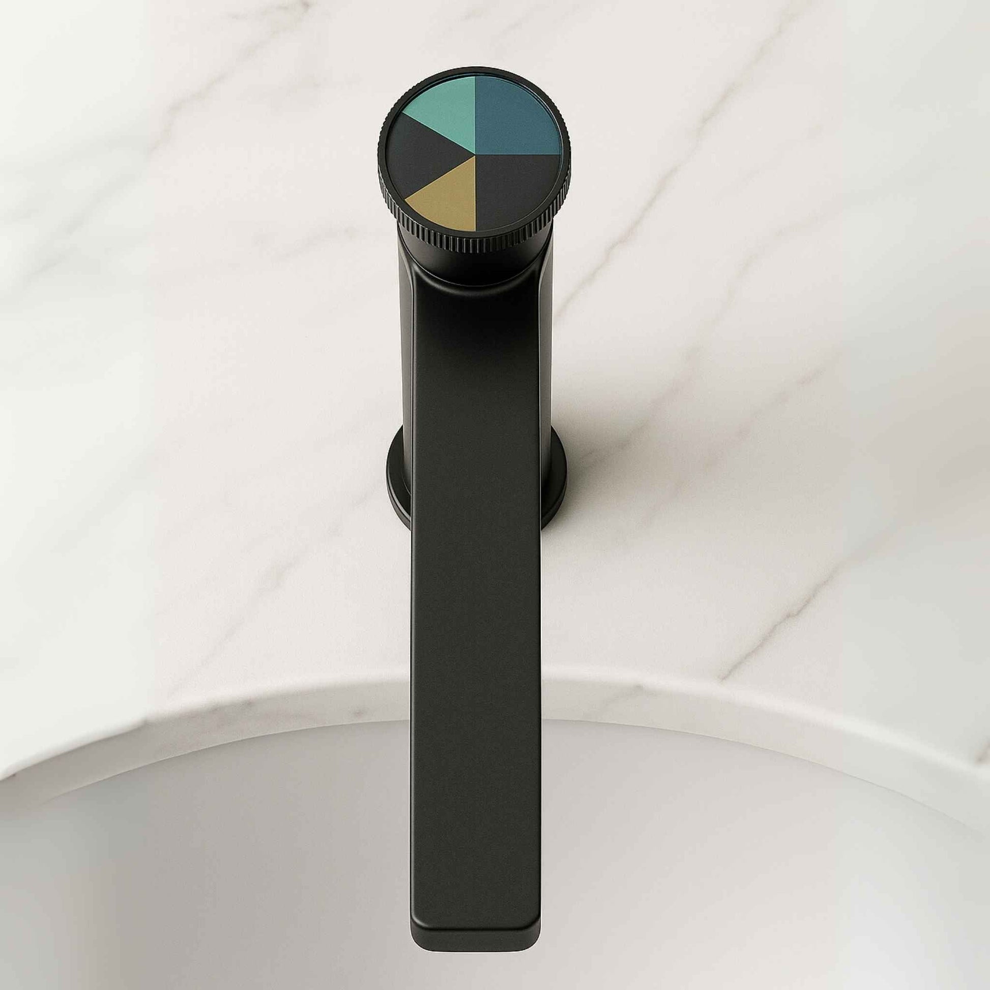Black faucet with colour swatch on a white background, Top angle shot of matte black bathroom tap with ceramic basin