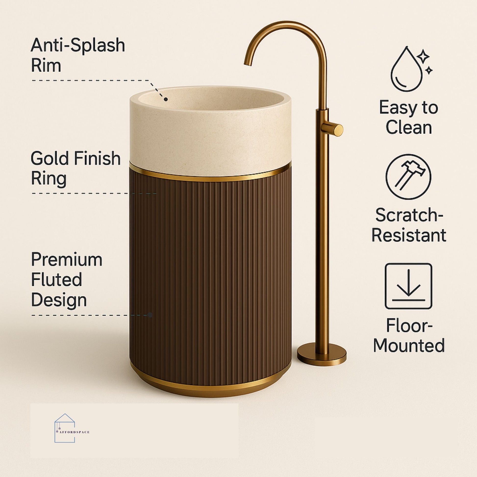 AD-style image showing two-tone fluted pedestal basin with gold accents and feature highlights