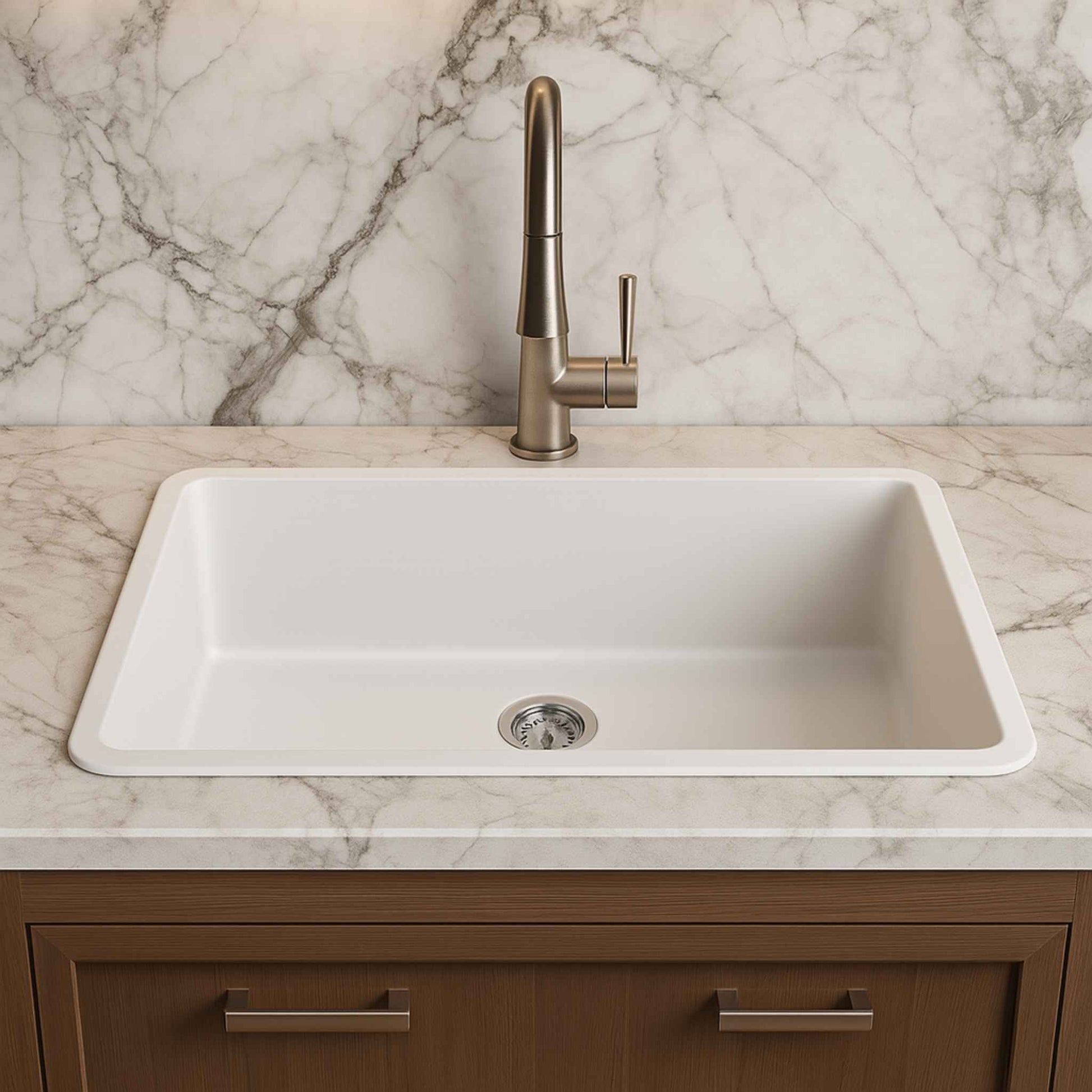 Undermount stainless steel kitchen sink placed in a luxury kitchen with marble countertop