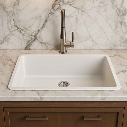 Undermount stainless steel kitchen sink placed in a luxury kitchen with marble countertop