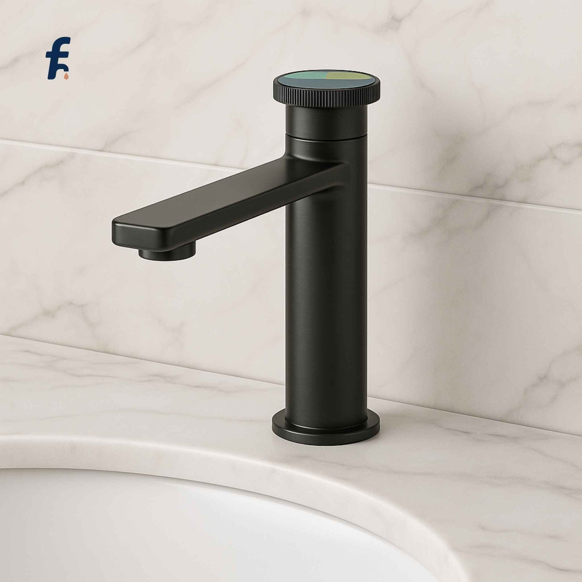 Black faucet on a marble bathroom sink with a light gray tiled wall background. Full bathroom vanity with pendant lights and black modern faucet