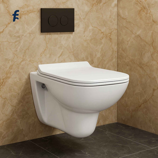 Side view of compact rimless wall mounted toilet in marble setting