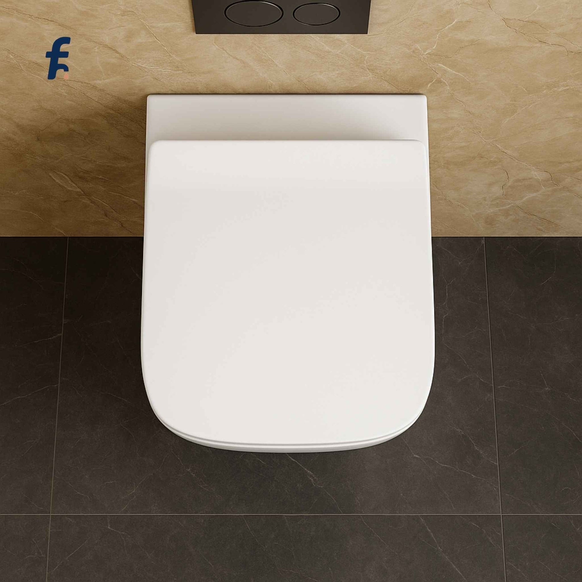 White toilet seat on a tiled bathroom floor with a beige wall in the background