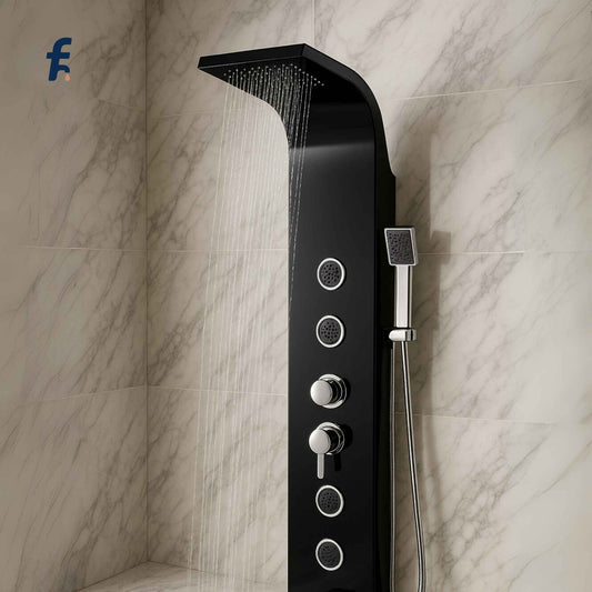 Black shower panel with multiple controls on a marble wall, Water flowing from rainfall head and hand shower of black shower panel.