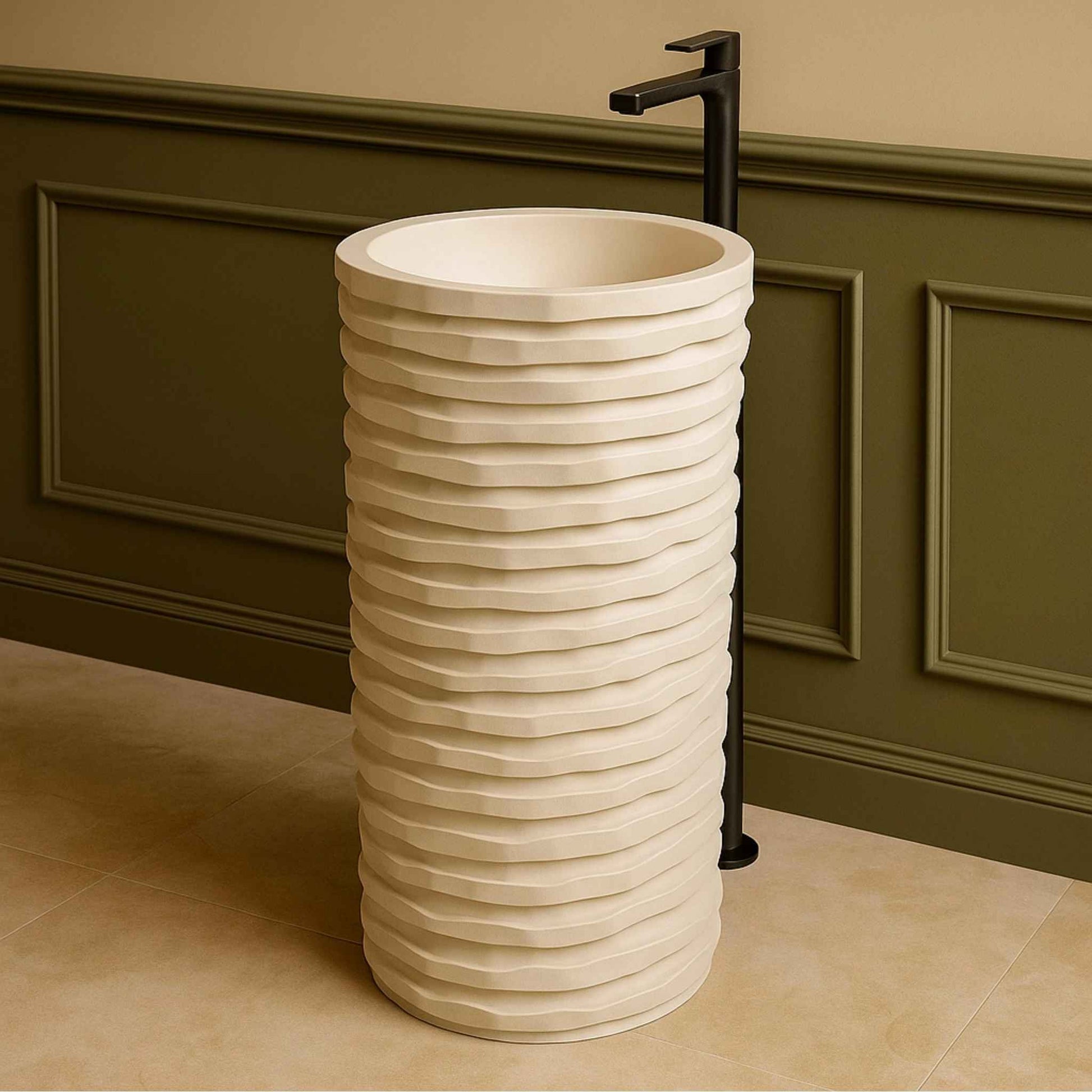 Side view of sculptural wave basin with black faucet