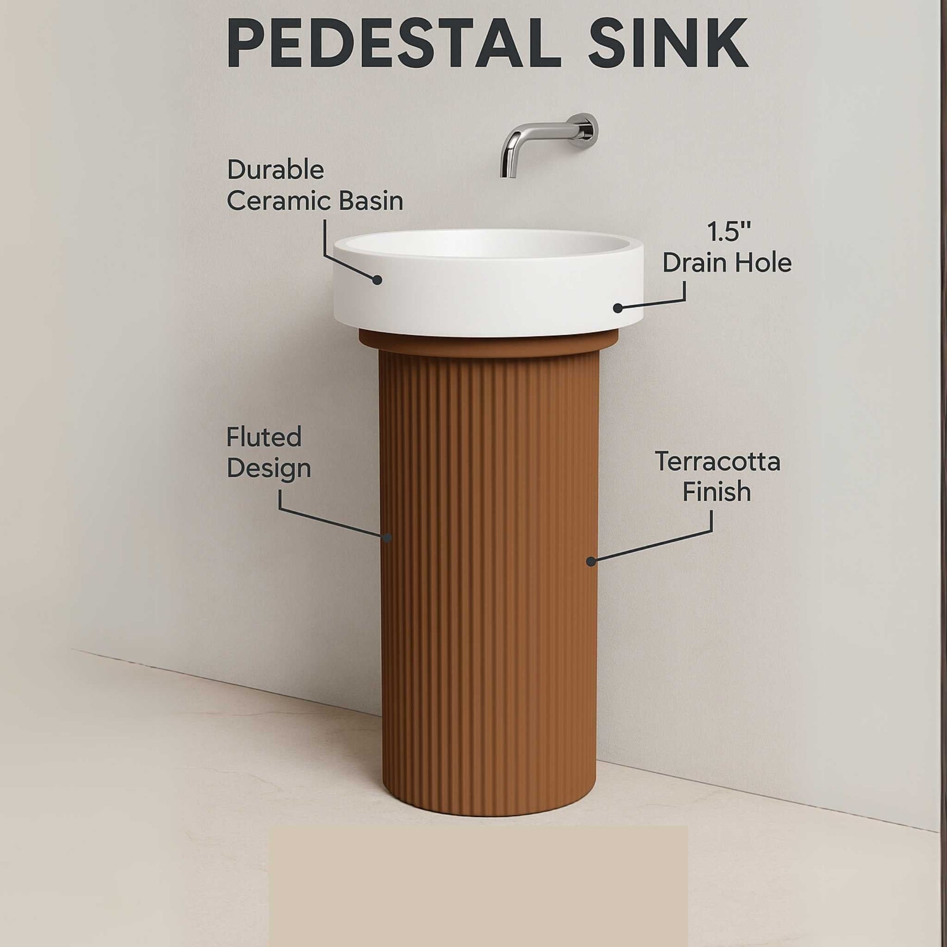 Feature highlight image of white and brown fluted pedestal basin