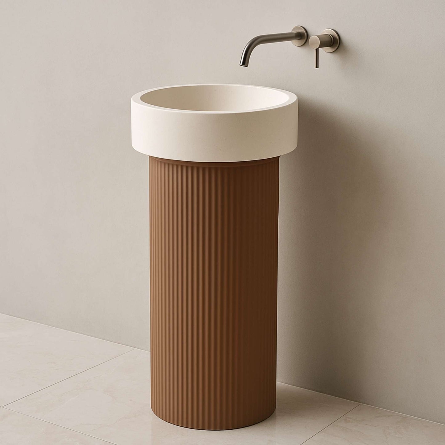 Front-facing view of white top and brown base pedestal wash basin