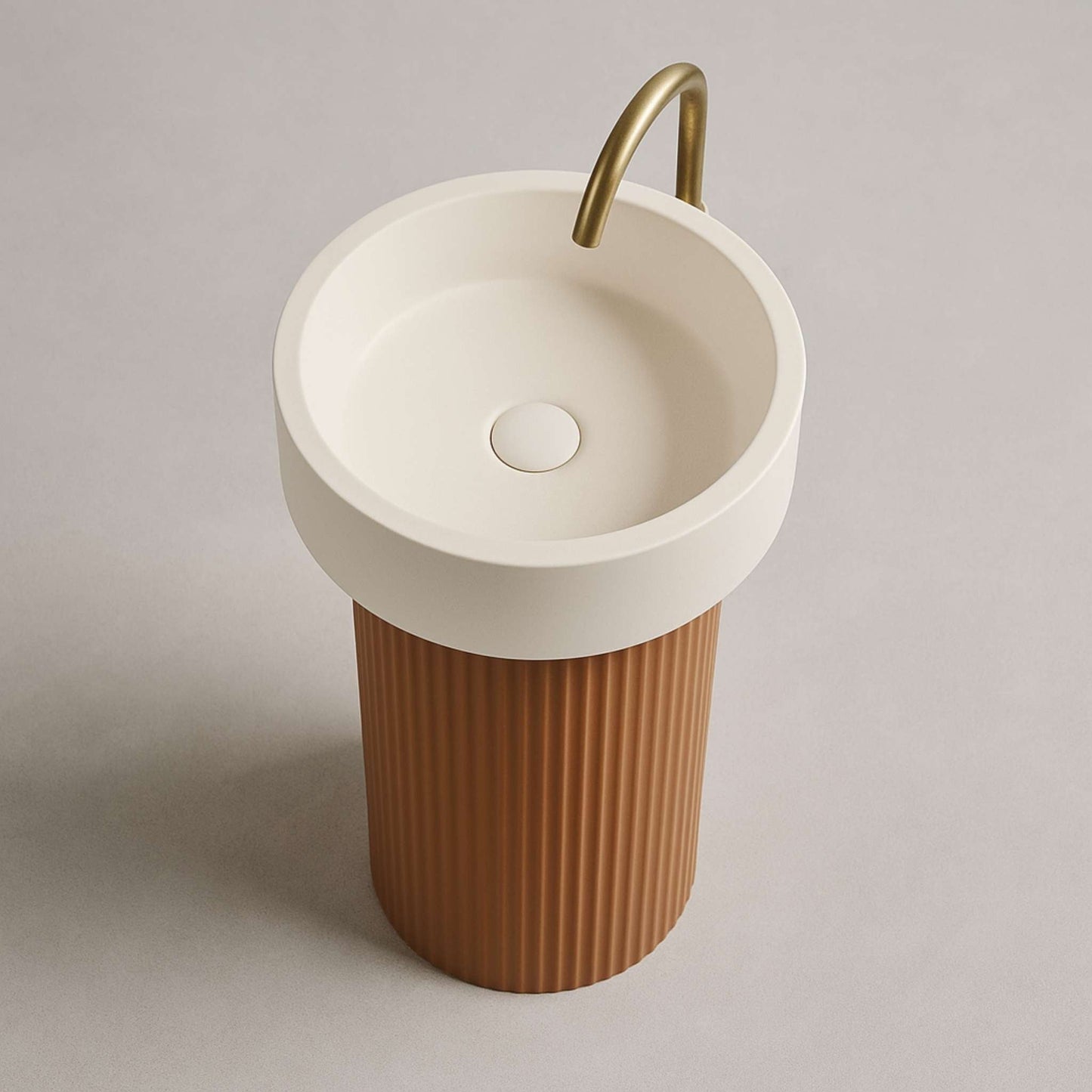  Overhead view of smooth white round bowl basin on ribbed pedestal
