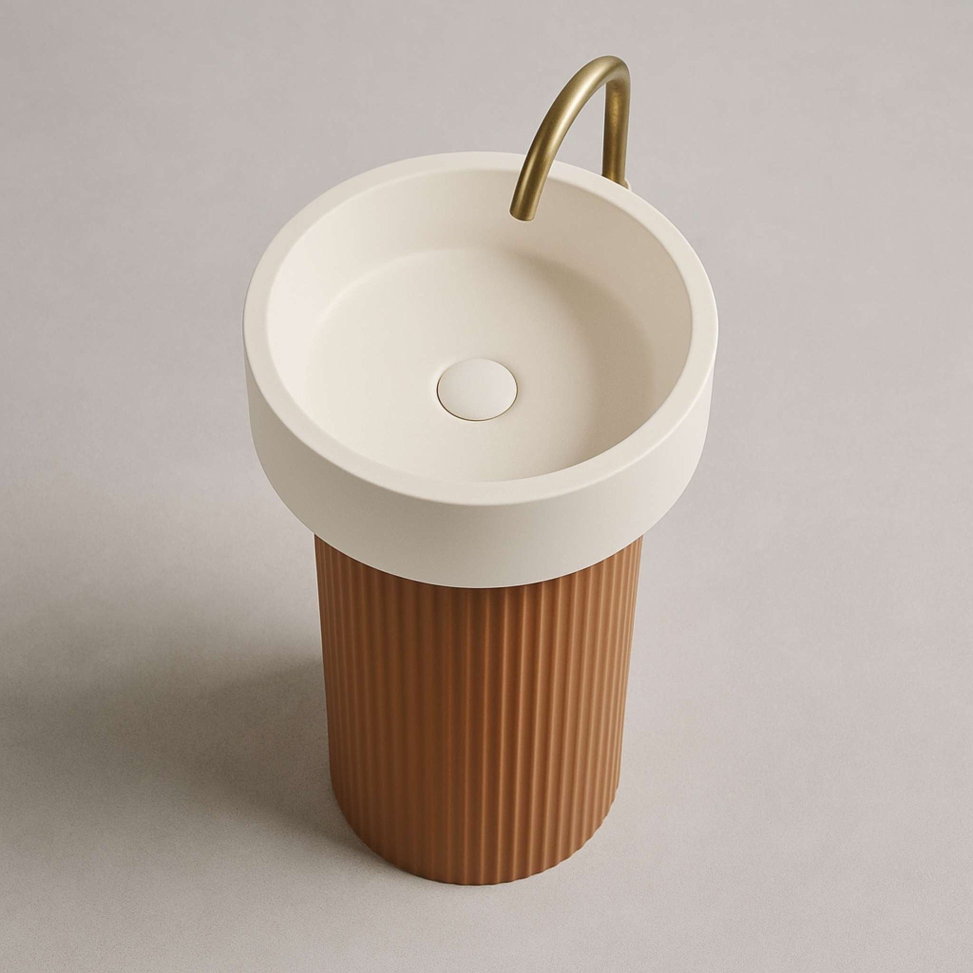  Overhead view of smooth white round bowl basin on ribbed pedestal