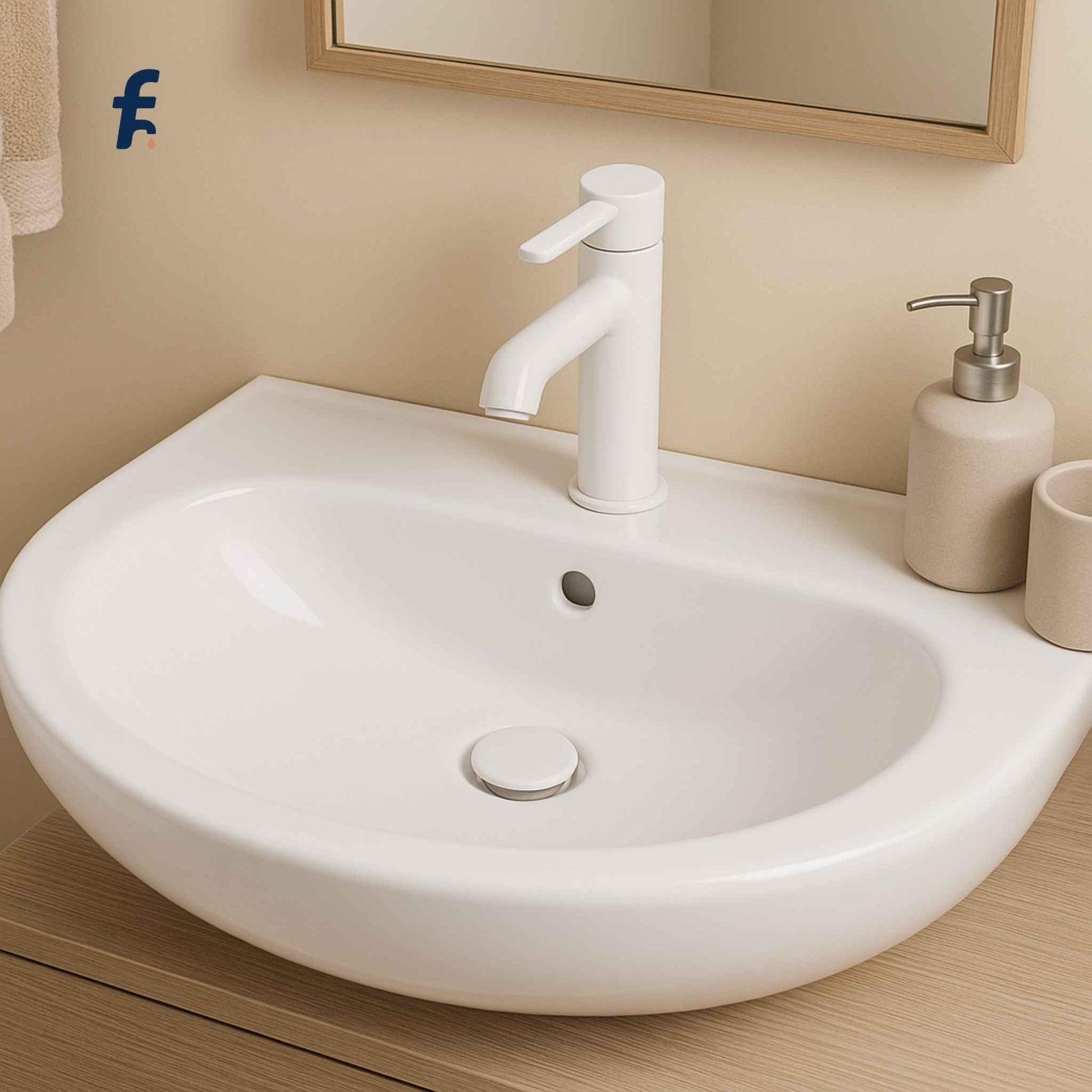 White pop-up waste coupling installed in ceramic basin