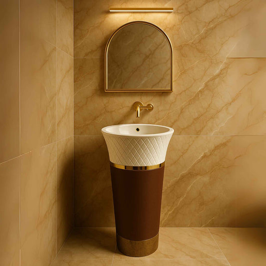 White diamond cut and brown glossy pedestal washbasin in a luxurious bathroom setting 