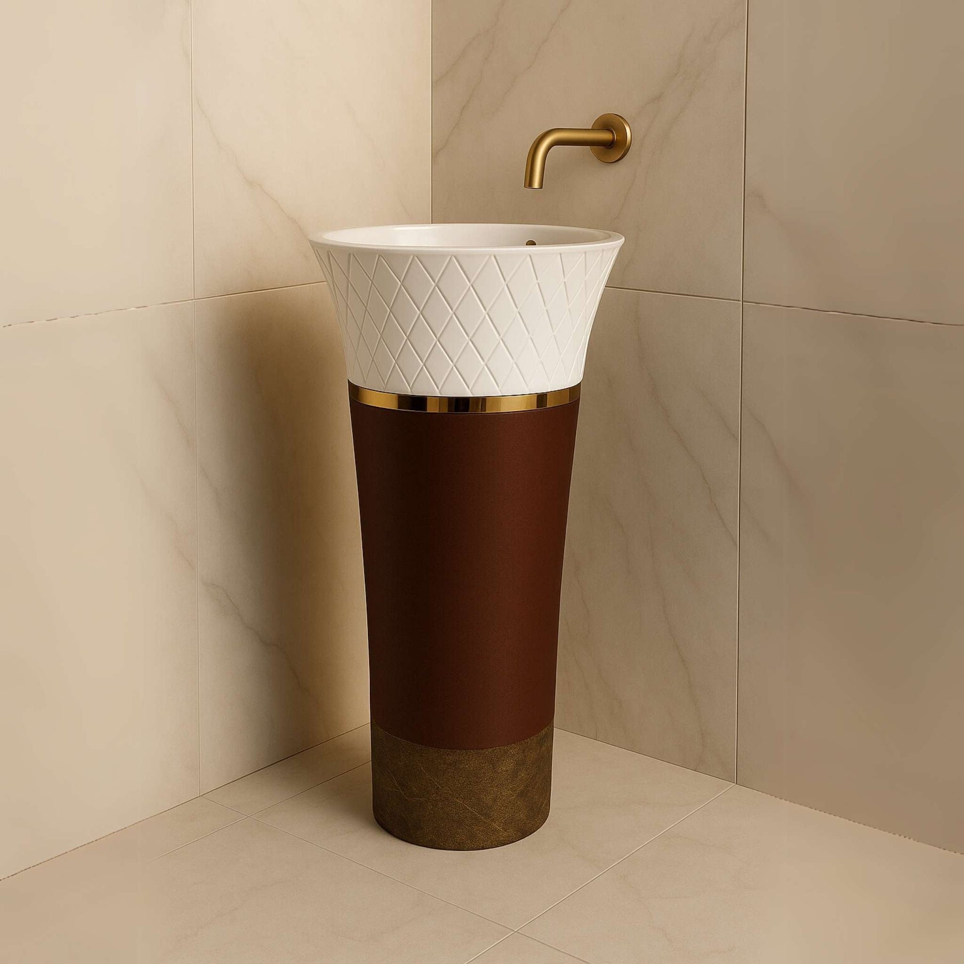 White diamond cut and brown glossy pedestal washbasin in a luxurious bathroom setting front angle