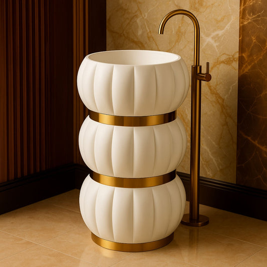Hero image of designer white pedestal basin with layered form and gold detailing