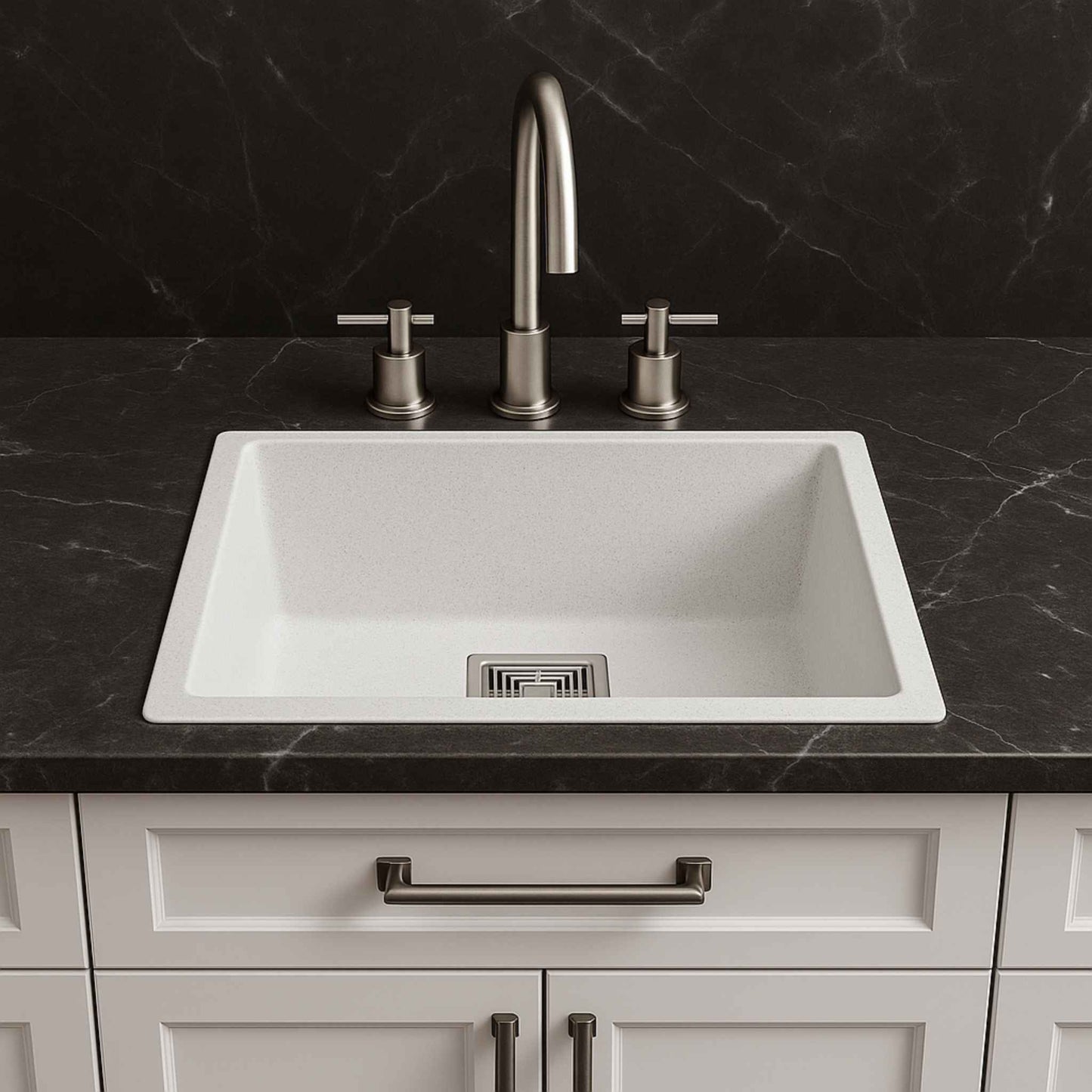 White quartz granite kitchen sink installed in luxury kitchen with Italian marble