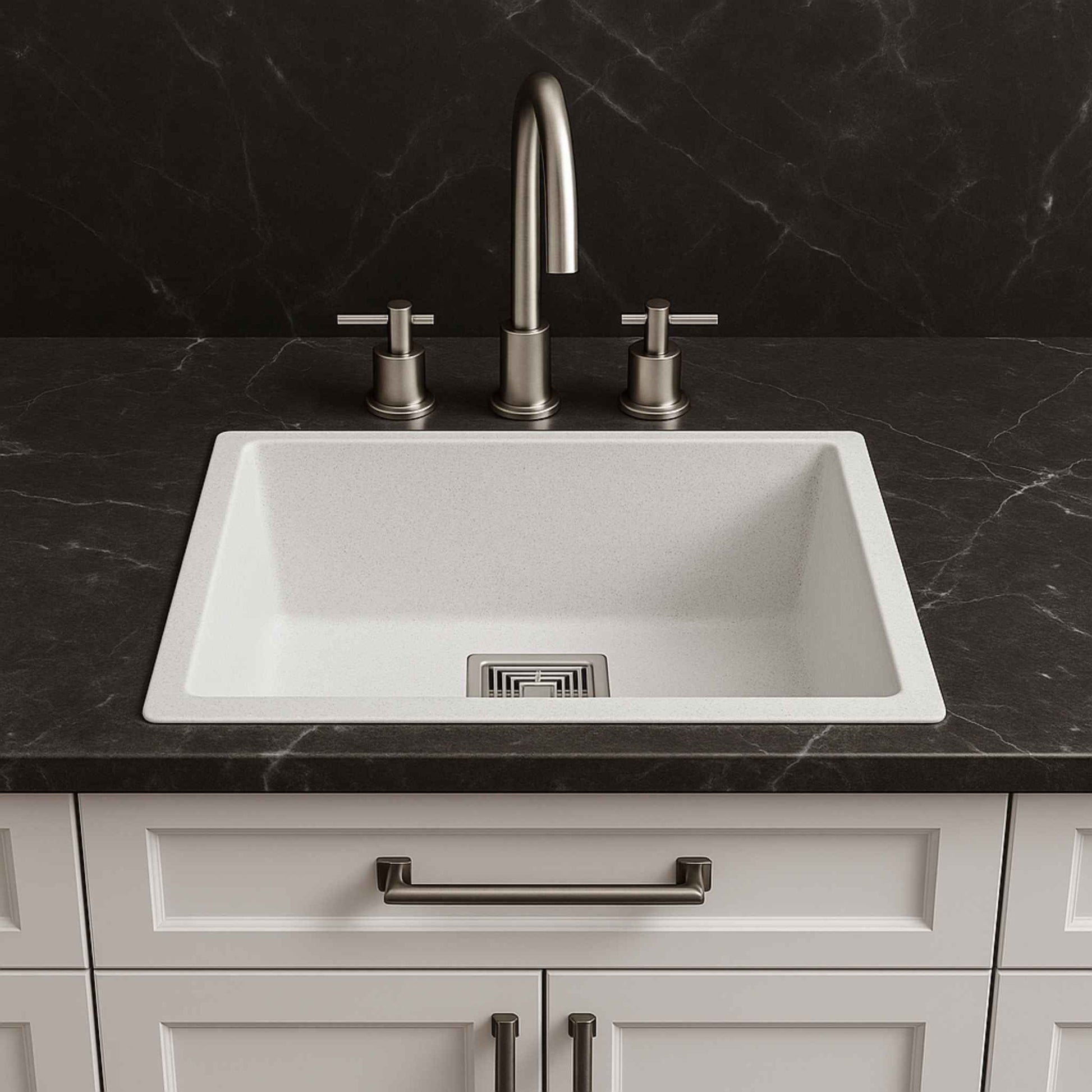 White quartz granite kitchen sink installed in luxury kitchen with Italian marble