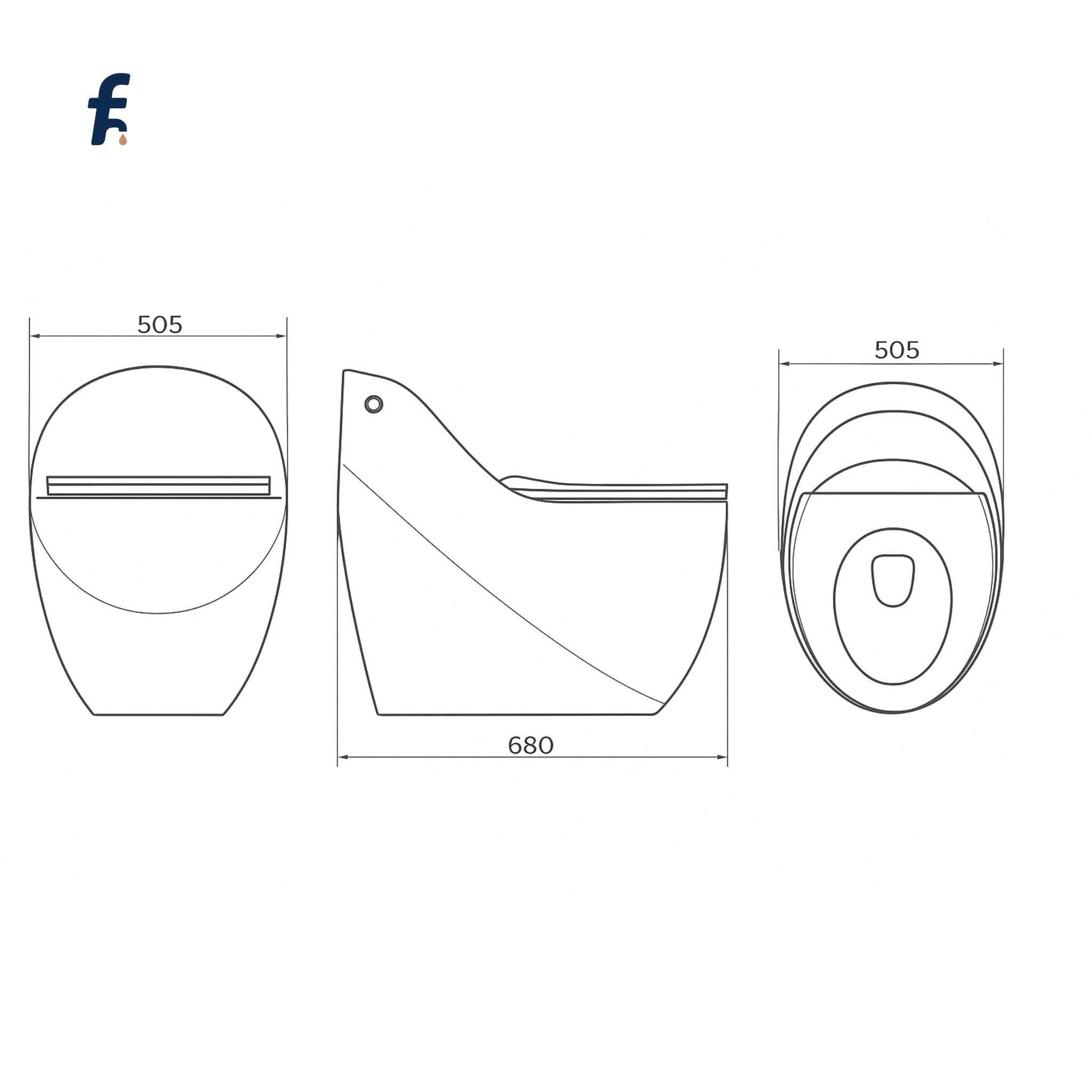 Technical drawing of a toilet seat with dimensions on a white background