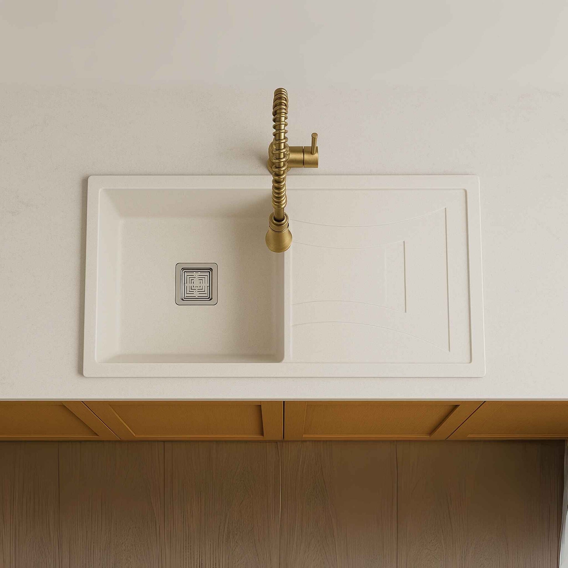 Top view of white metallic quartz kitchen sink with drainboard – 36x18x9 inch