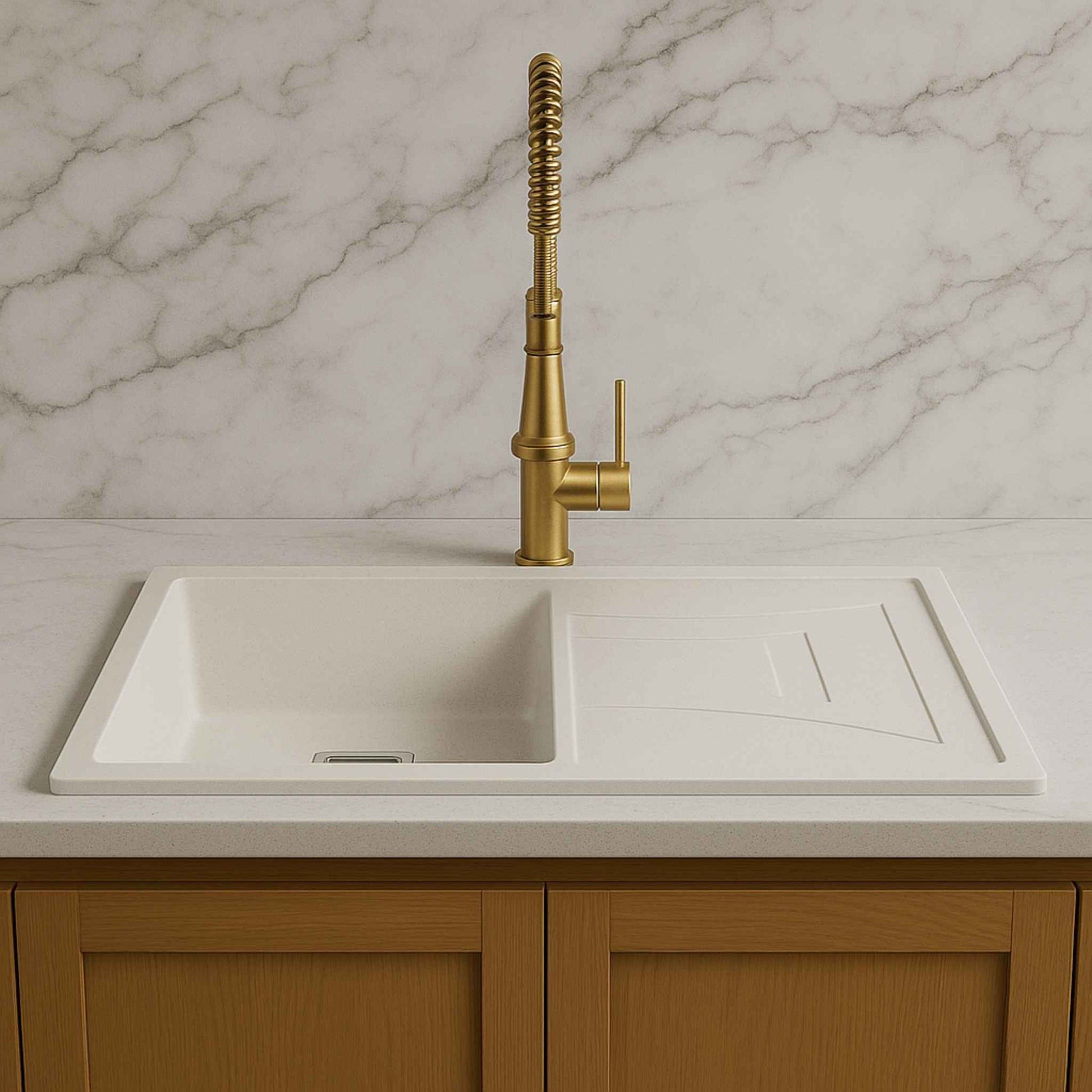 Front view of white metallic quartz sink installed in a luxurious Italian kitchen