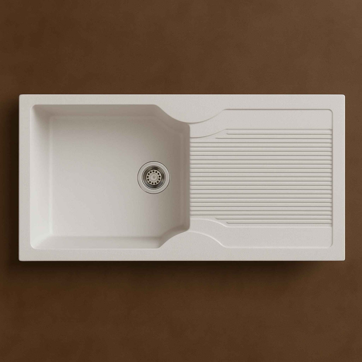 Top view of white quartz kitchen sink 36x18 with drainboard