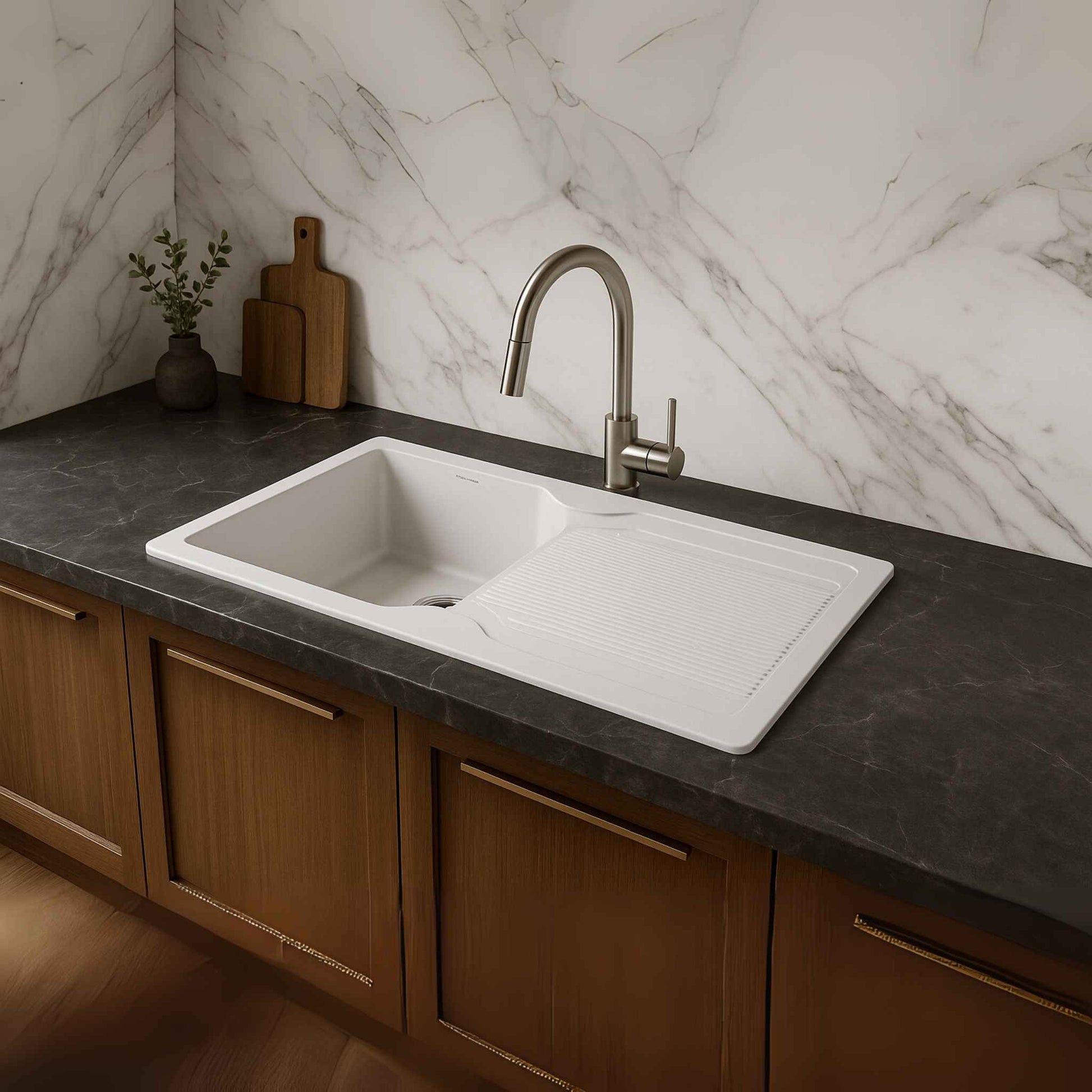 Full kitchen view with white matte quartz sink and luxury design