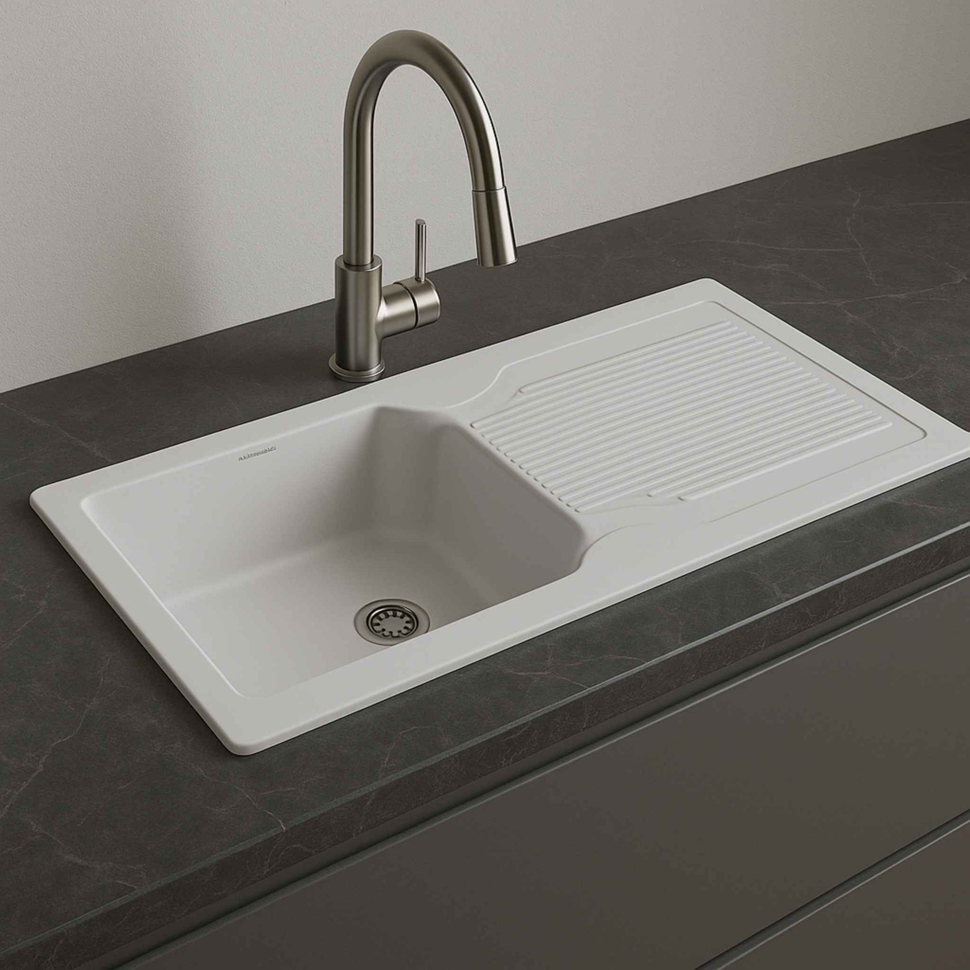 Side view of white quartz granite sink with grey marble background