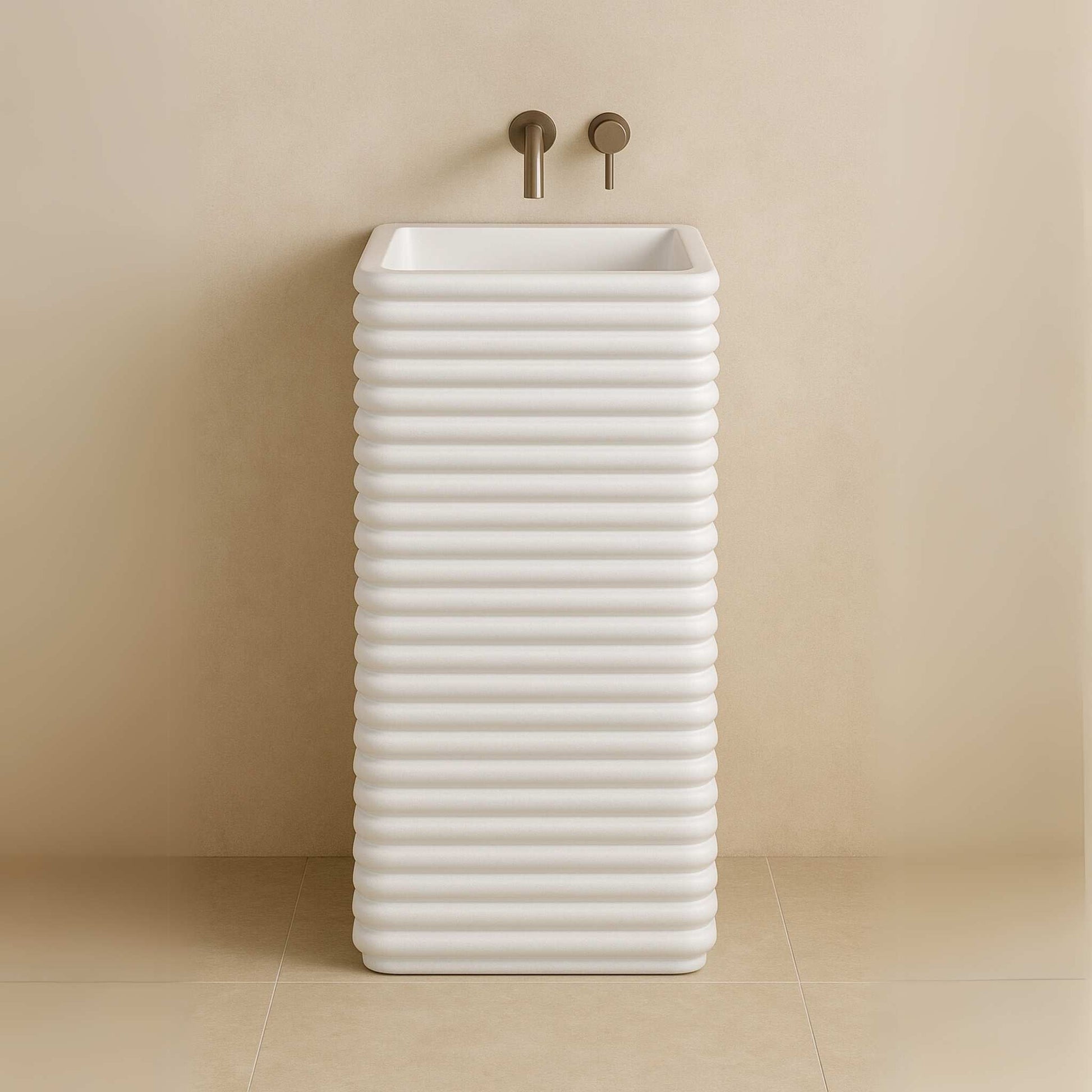 Front view of white ribbed ceramic pedestal wash basin