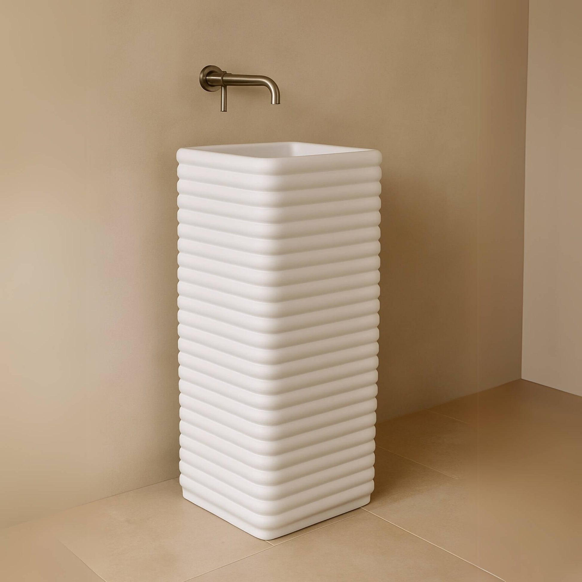 Side angle of ribbed white freestanding pedestal basin