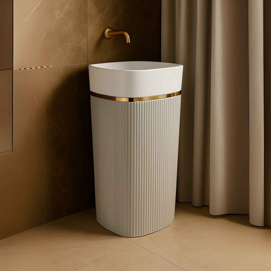 Freestanding white ribbed pedestal washbasin with gold accent – 600x380x860mm in luxury atmosphere