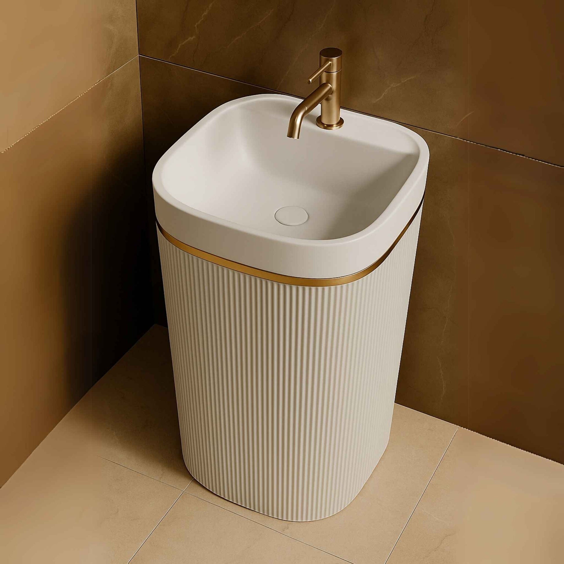 Freestanding white ribbed pedestal washbasin with gold accent – 600x380x860mm top image
