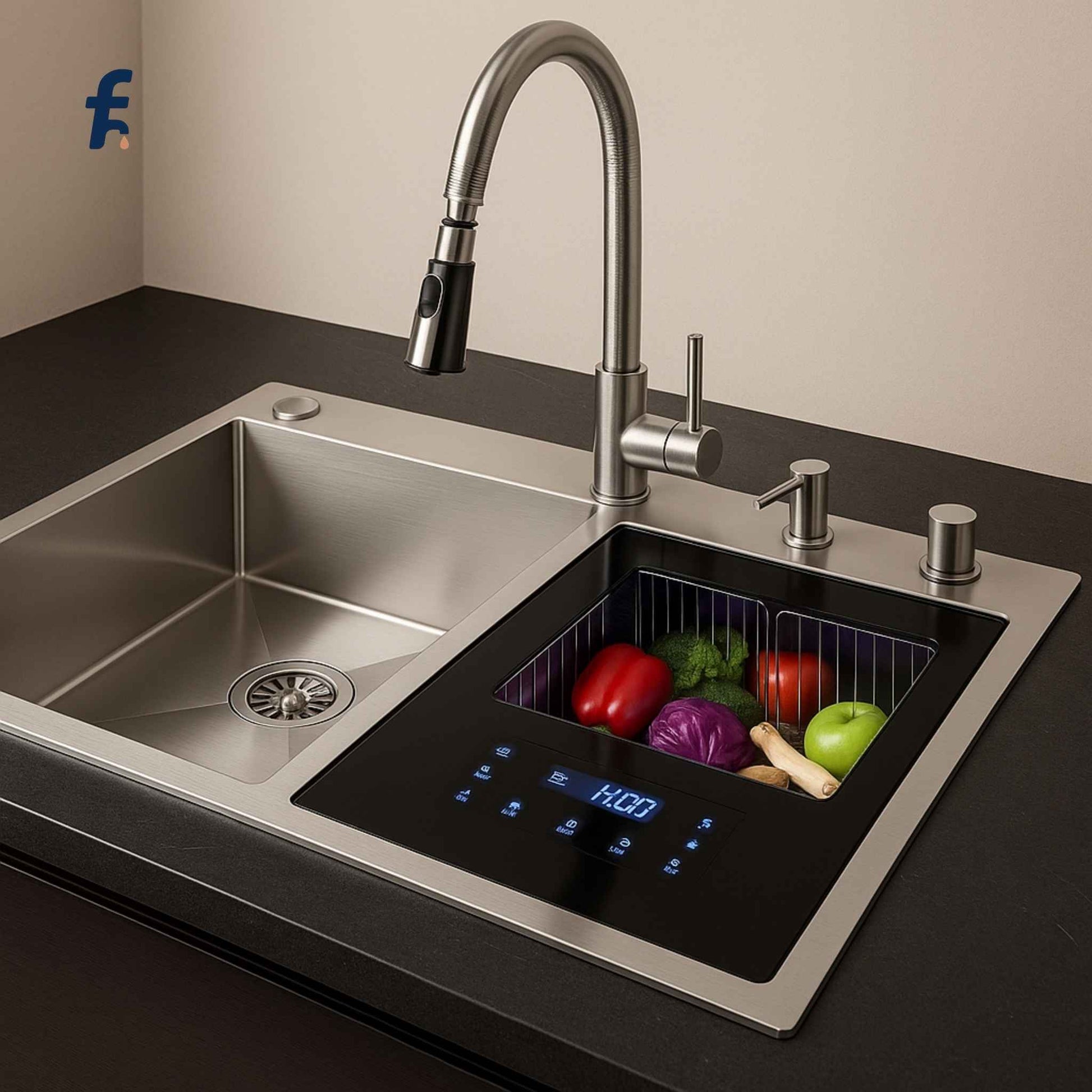 Modern kitchen sink with digital display and faucet, featuring fruits and vegetables.